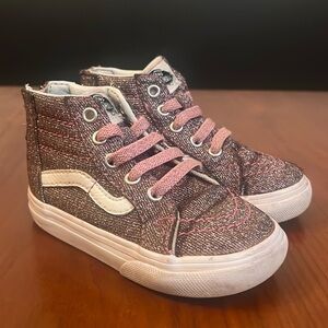 Vans Sk8-Hi, hi top sneakers, pink glitter, size 5.5